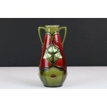 Minton Secessionist Red and Green Glazed Twin Handled Vase, marked No. 12 to base, 21cm high