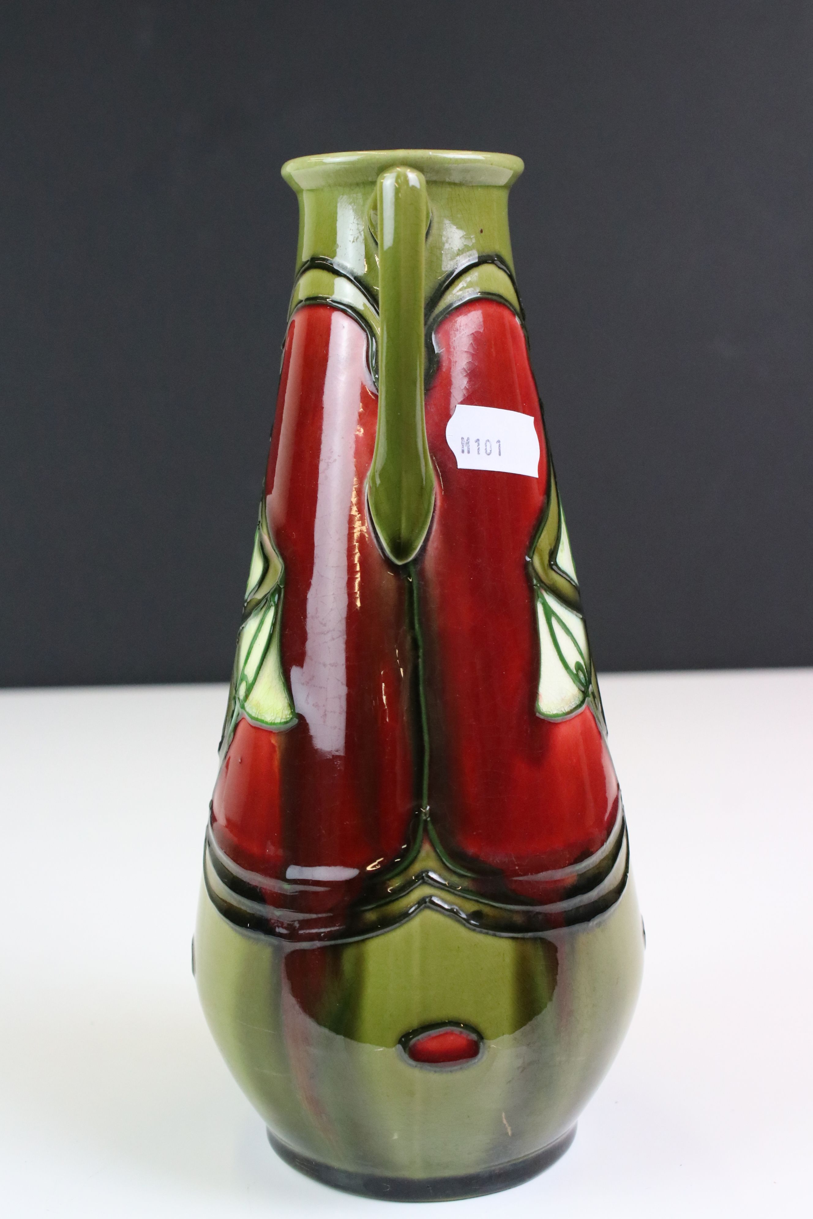 Minton Secessionist Red and Green Glazed Twin Handled Vase, marked No. 12 to base, 21cm high - Image 7 of 7