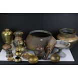 Collection of approximately Twelve Brass, Copper and Metal Pots, Indian / Persian, with relief