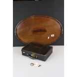 Edwardian Mahogany Inlaid Oval Twin Handled Tray with curved gallery rail, 63cm long together with a