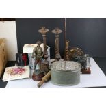 Mixed Lot including a Pair of Wooden Candlesticks, Spelter Figure, Wooden Reel, Slate Framed