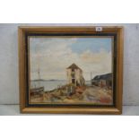 William Diverall, oil on board, an extensive English coastal scene with fishing boat & figure beside