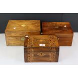 Three 19th century Work Boxes including Walnut Tunbridge ware style inlaid box, 25.5cm wide