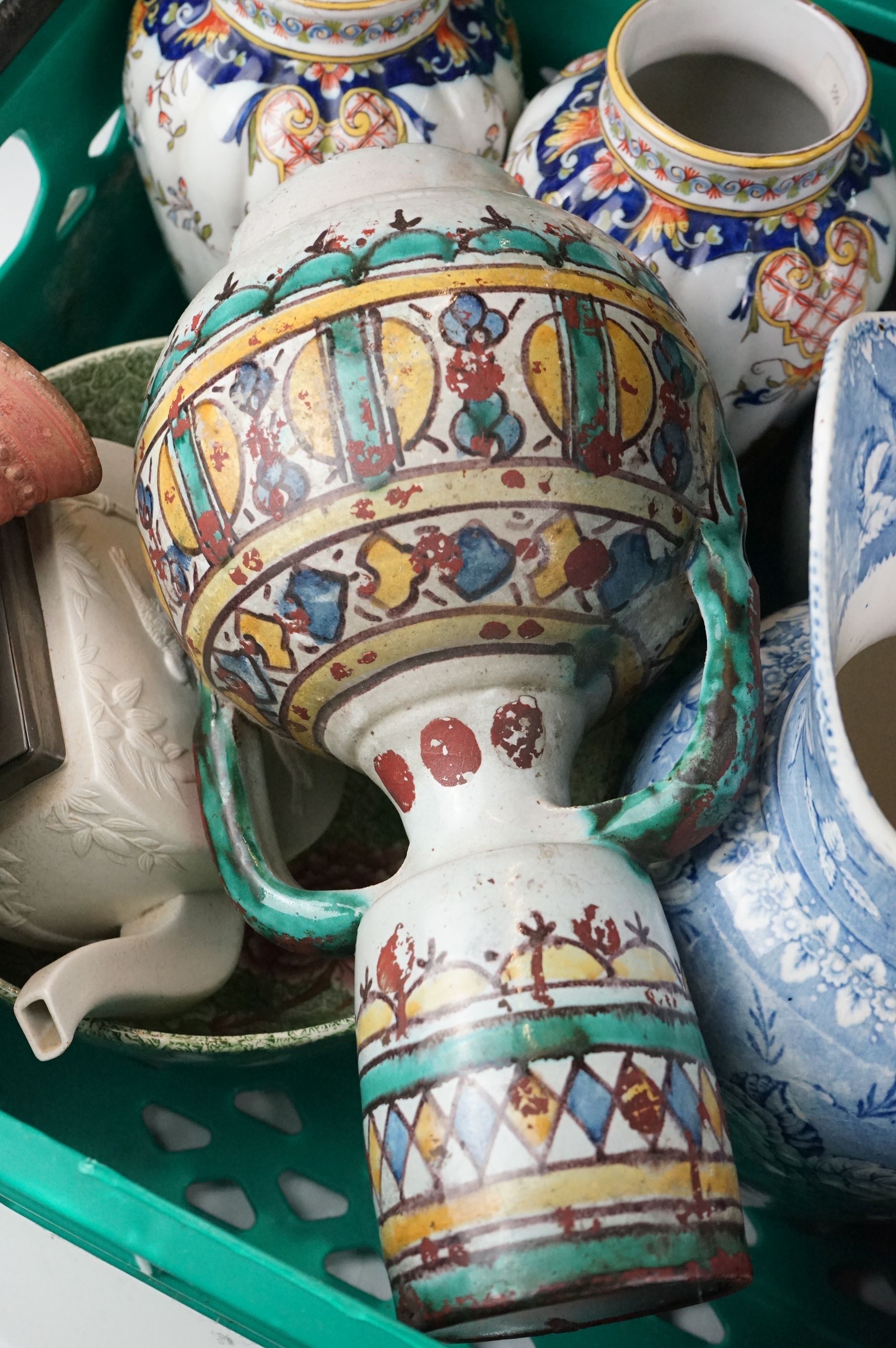 Mixed lot of Ceramics including Tin Glazed Bottle Flask decorated with flowers 19cm high, Pair of - Image 2 of 9