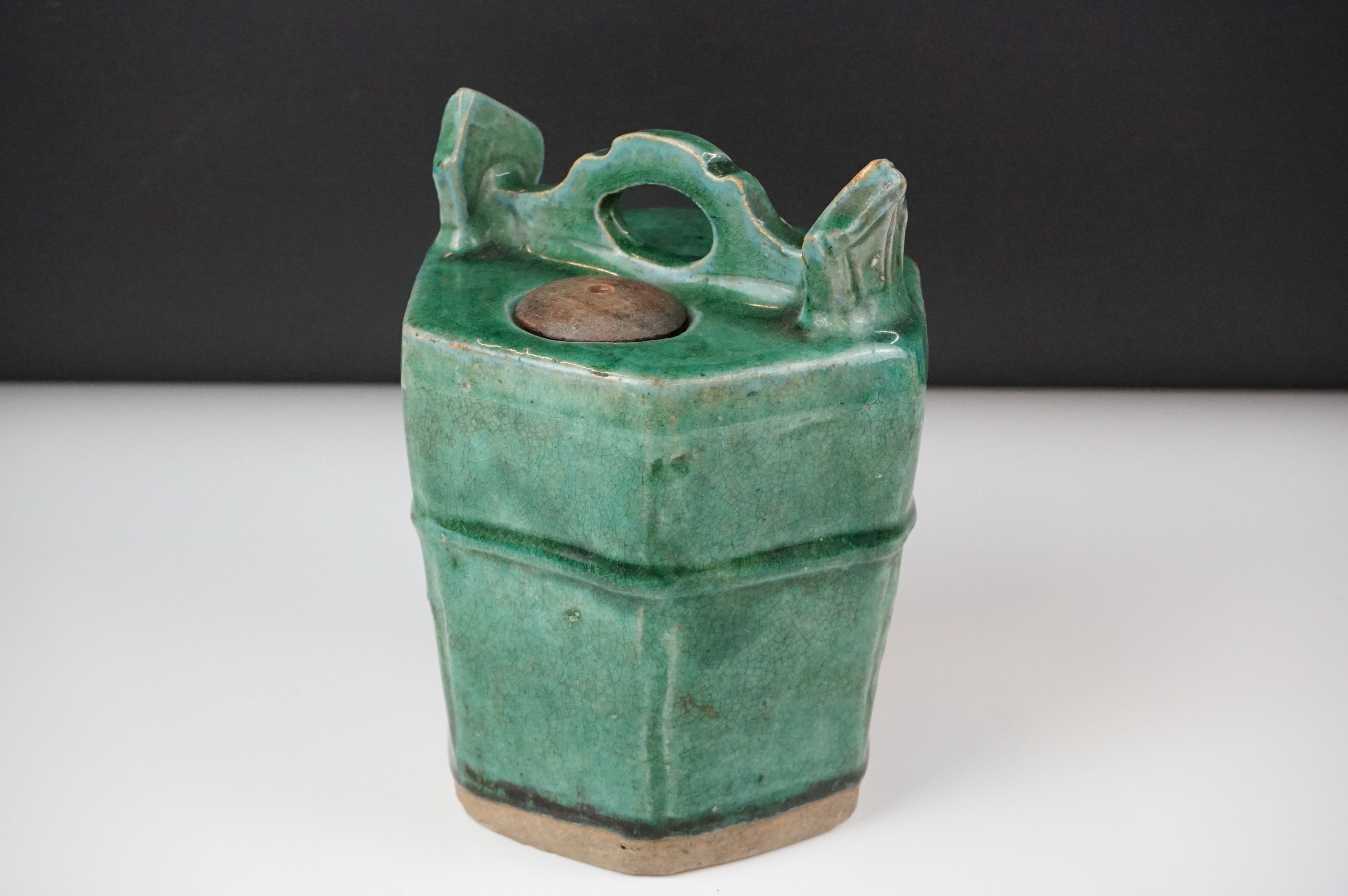 19th Century Chinese green glazed Shiwan hexagonal pottery teapot and cover, approx 18cm high, - Image 9 of 12