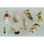 Eight Costume Jewellery Brooches including Enamelled Two Golfers, Dog and Sailing Ship plus