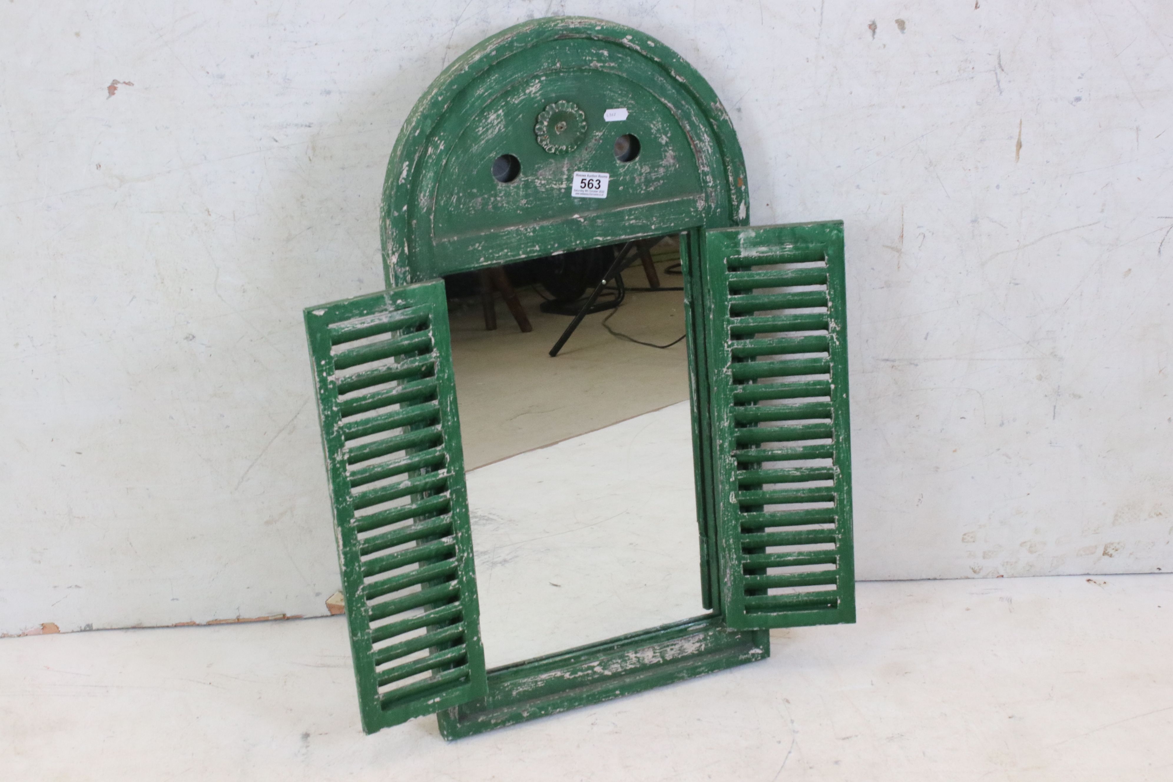 Green Painted Arched Door, the two slatted doors opening to a mirror, 75cm x 39cm