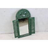 Green Painted Arched Door, the two slatted doors opening to a mirror, 75cm x 39cm