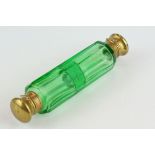 19th century green glass double ended gilt scent bottle, each end containing original stopper,