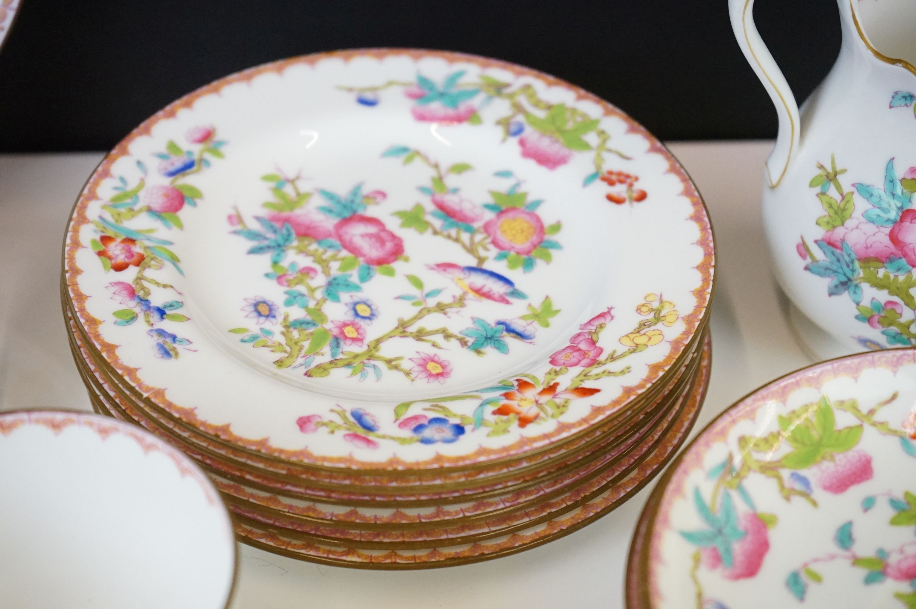 Mintons porcelain tea service decorated with songbirds amongst peonies, to include 6 teacups & - Image 5 of 8