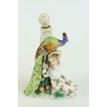 Chelsea Girl in Swing scent bottle, kneeling woman holding a hand mirror with peacock surmount,