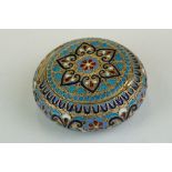 Russian late 19th century enamelled cloisonne silver circular trinket box, stylised floral and