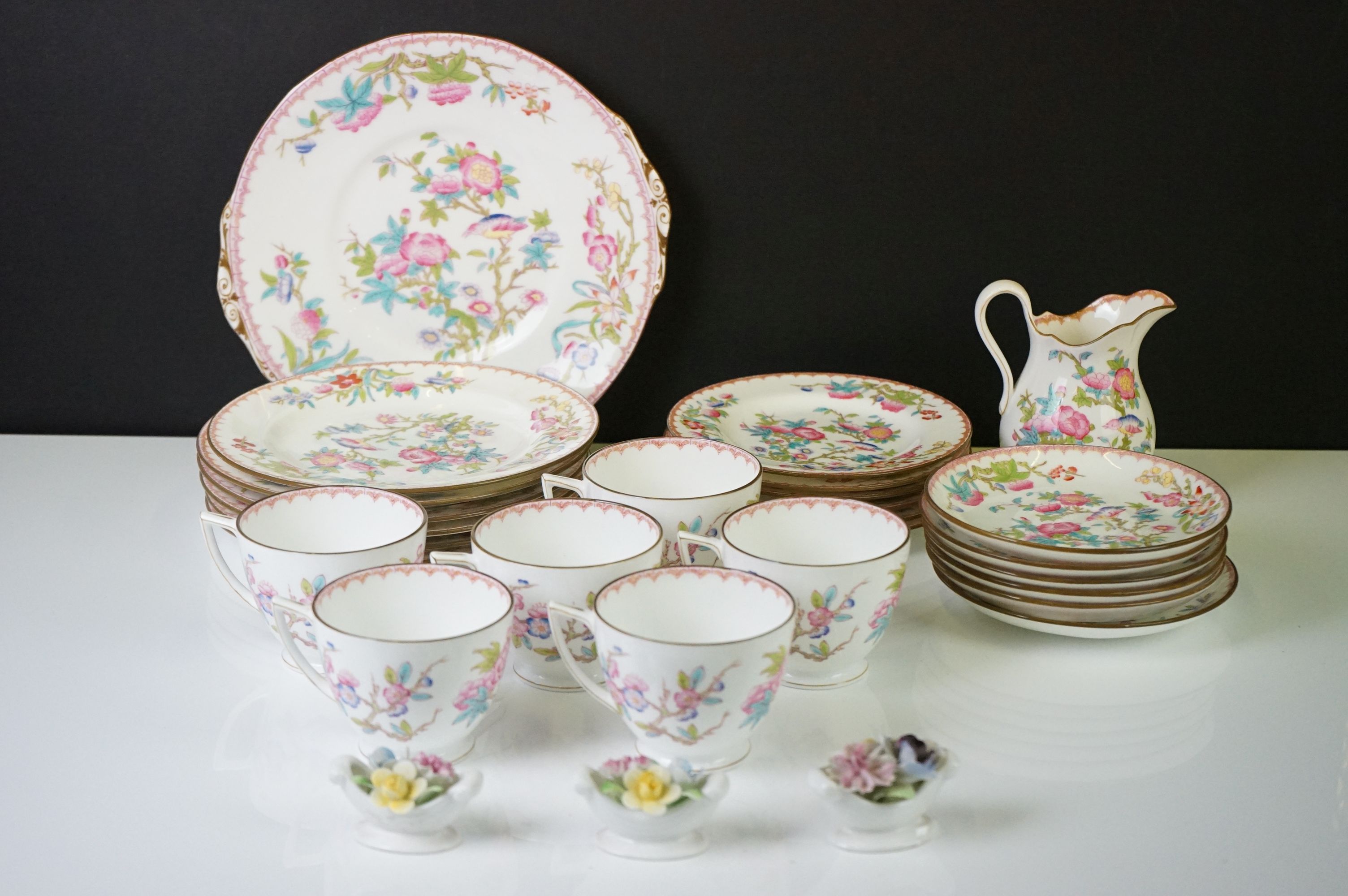 Mintons porcelain tea service decorated with songbirds amongst peonies, to include 6 teacups &