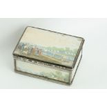 Unmarked silver snuff box, the hinged lid, body and base with hand painted miniature scenes