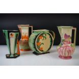 Four Myott, Son & Co hand painted Art Deco jug vases, decorated with floral, foliate and geometric