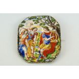 Yellow metal brooch, the hand painted enamel plaque depicting Roman or Grecian scene; a lyre