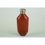 French 19th century glass scent bottle, agate-effect with reeded banding, silver cap stamped with