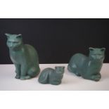 Three Moorside Design mottled turquoise ceramic models of seated cats, with original paper labels,