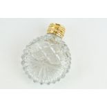 19th century gold mounted cut glass scent bottle, circular body, original stopper, gold mount and