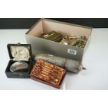 A box of mixed collectables to include a cased silver topped brush, hallmarked silver mirror,