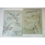 Pair of Chinese hand painted plaques depicting birds amongst cherry blossom, and a fisherman amongst