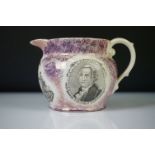 American George Washington ceramic pink lustre jug, in the Sunderland Manner, with transfer