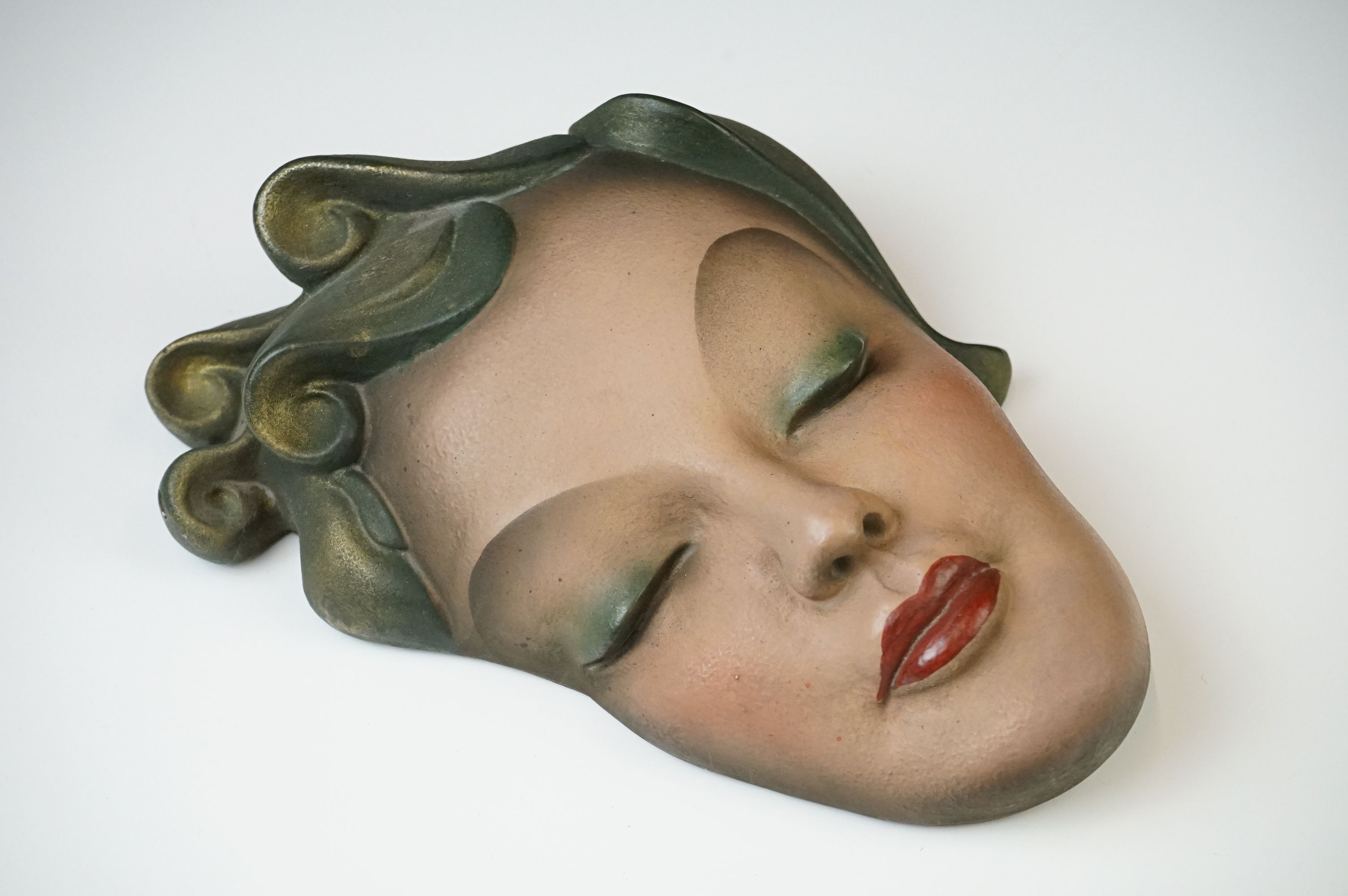 Two Leonardi Art Deco painted plaster wall masks depicting young ladies, both with impressed - Image 2 of 8