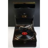 HMV ' His Masters Voice ' Portable Gramophone no. 4, with 6 records, measures 29cm x 41cm when