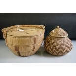 Five woven rush work pots and containers, possibly African, includes two lidded examples, the