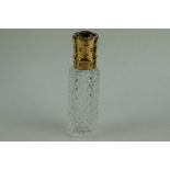 19th century amethyst, diamond cut glass scent bottle, yellow metal mounts, the hinged lid with