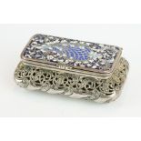 Enamelled silver plated trinket body, the cloissone enamelled lid with scrolling foliate decoration,