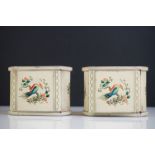 A pair of Art Deco toleware cigarette boxes, each with hinged lid decorated with exotic birds, on