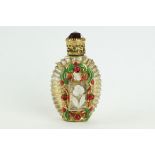 Czechoslovakia glass scent bottle, applied cast metal gilt and painted holder, with red glass