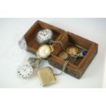 Box of mixed collectables including gents pocket watch and albert, vesta case, gents watch etc