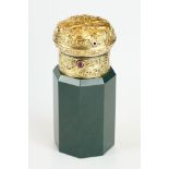 19th century bloodstone agate toilet bottle, the yellow metal hinged lid with repoussé classical