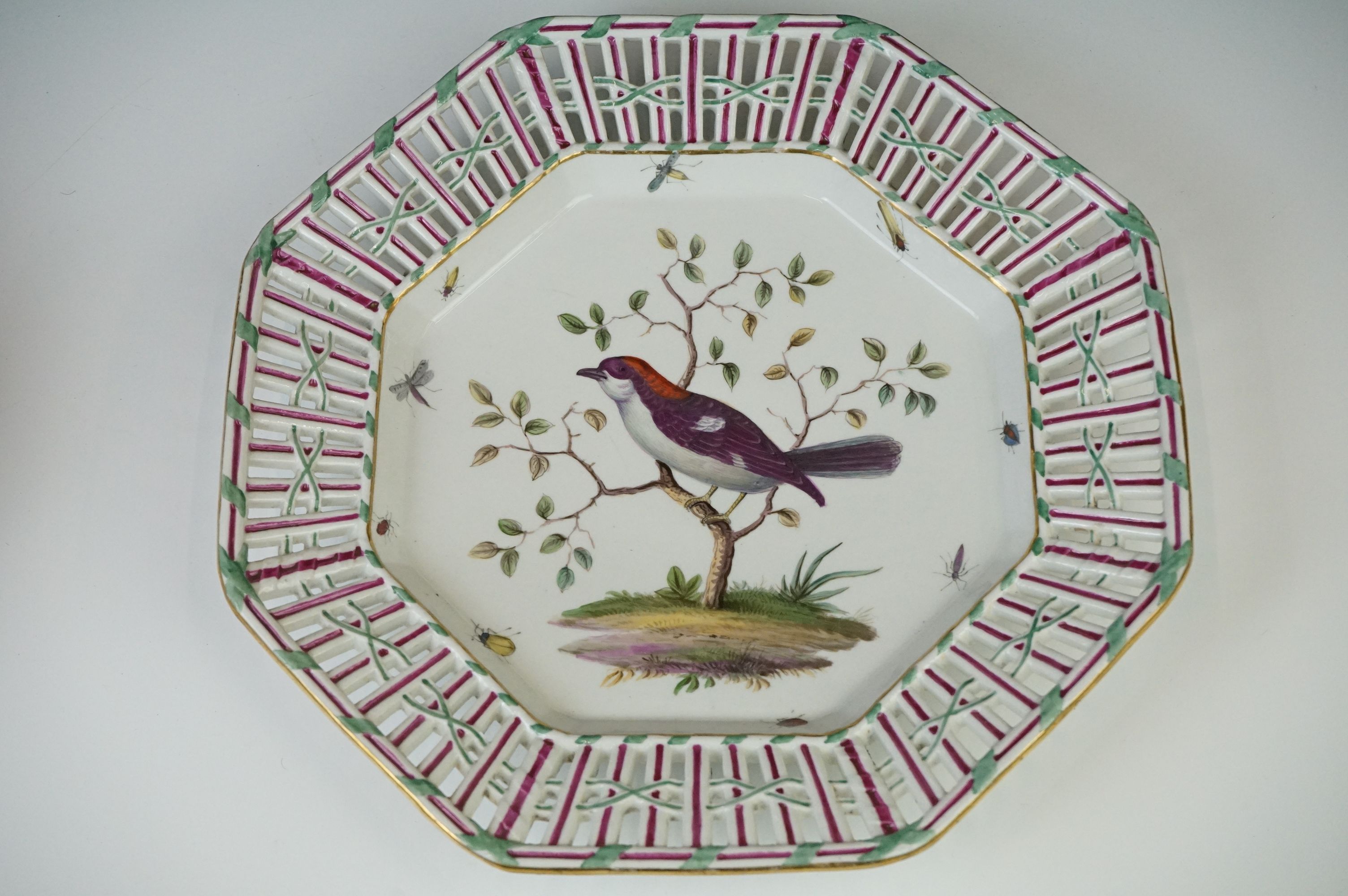 19th Century Meissen octagonal plate with pierced border and decorated with birds and insects, - Image 4 of 11