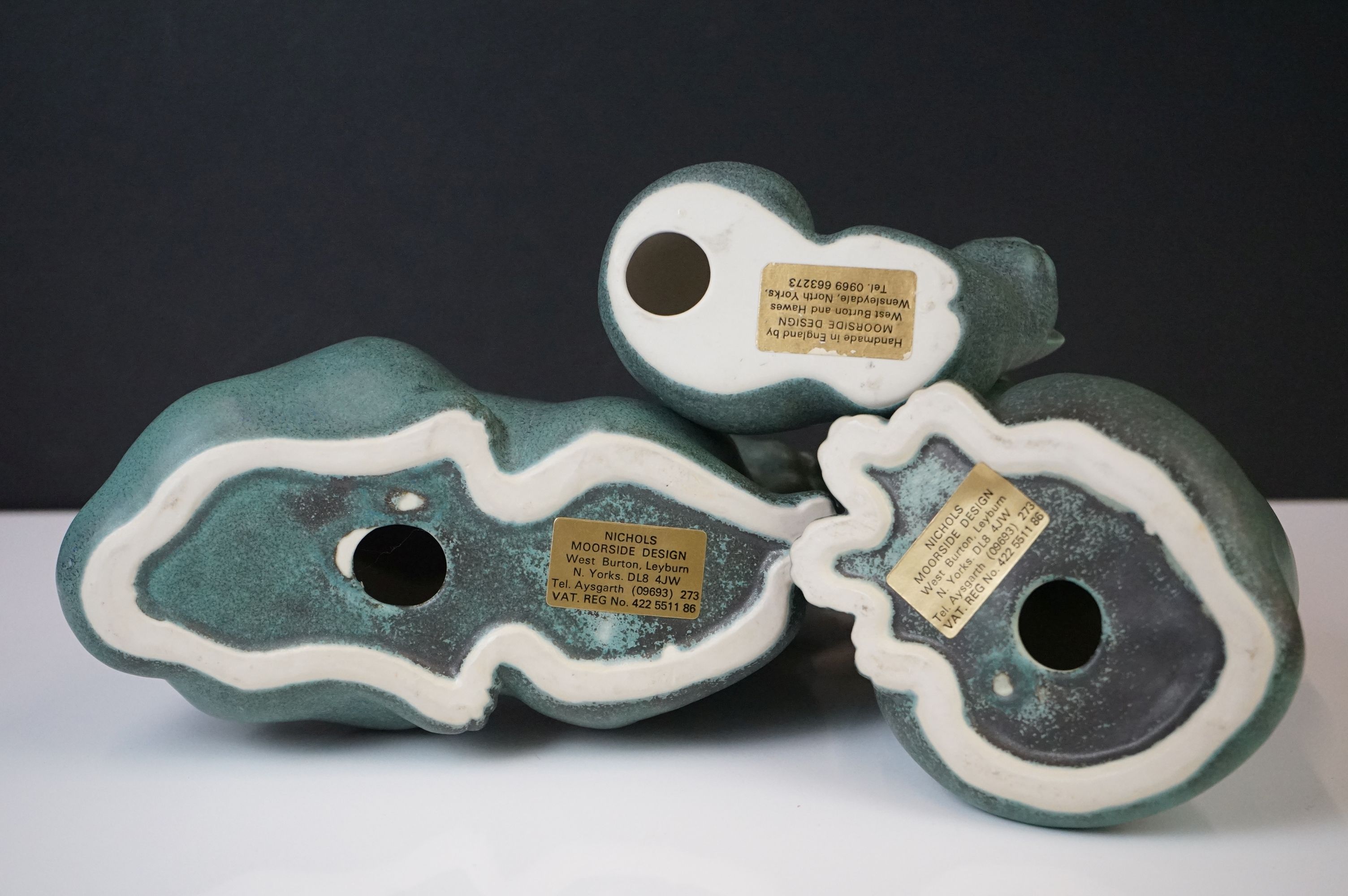 Three Moorside Design mottled turquoise ceramic models of seated cats, with original paper labels, - Image 5 of 5