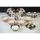 Group of Early 19th Century Crown Derby Imari pattern ceramics, to include two saucers, a pair of