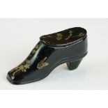 19th century snuff box modelled as a ladies shoe, lacquered with floral decoration, hinged lid,