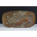 Brass tray with relief lion passant decoration on a poker work style ground, of rectangular form,