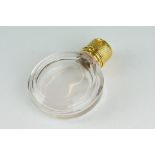 19th century circular glass scent bottle with yellow metal mounts, original glass stopper, the