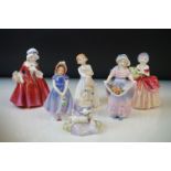 Six Royal Doulton porcelain lady figures to include Lavinia (HN 1955), Cissie (HN1809), Lucy Ann (HN