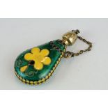Russian enamelled silver gilt scent bottle of tear-drop shaped form, yellow and green enamel, the