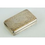 George III silver snuff box, the hinged lid with vacant oval cartouche, engraved floral and