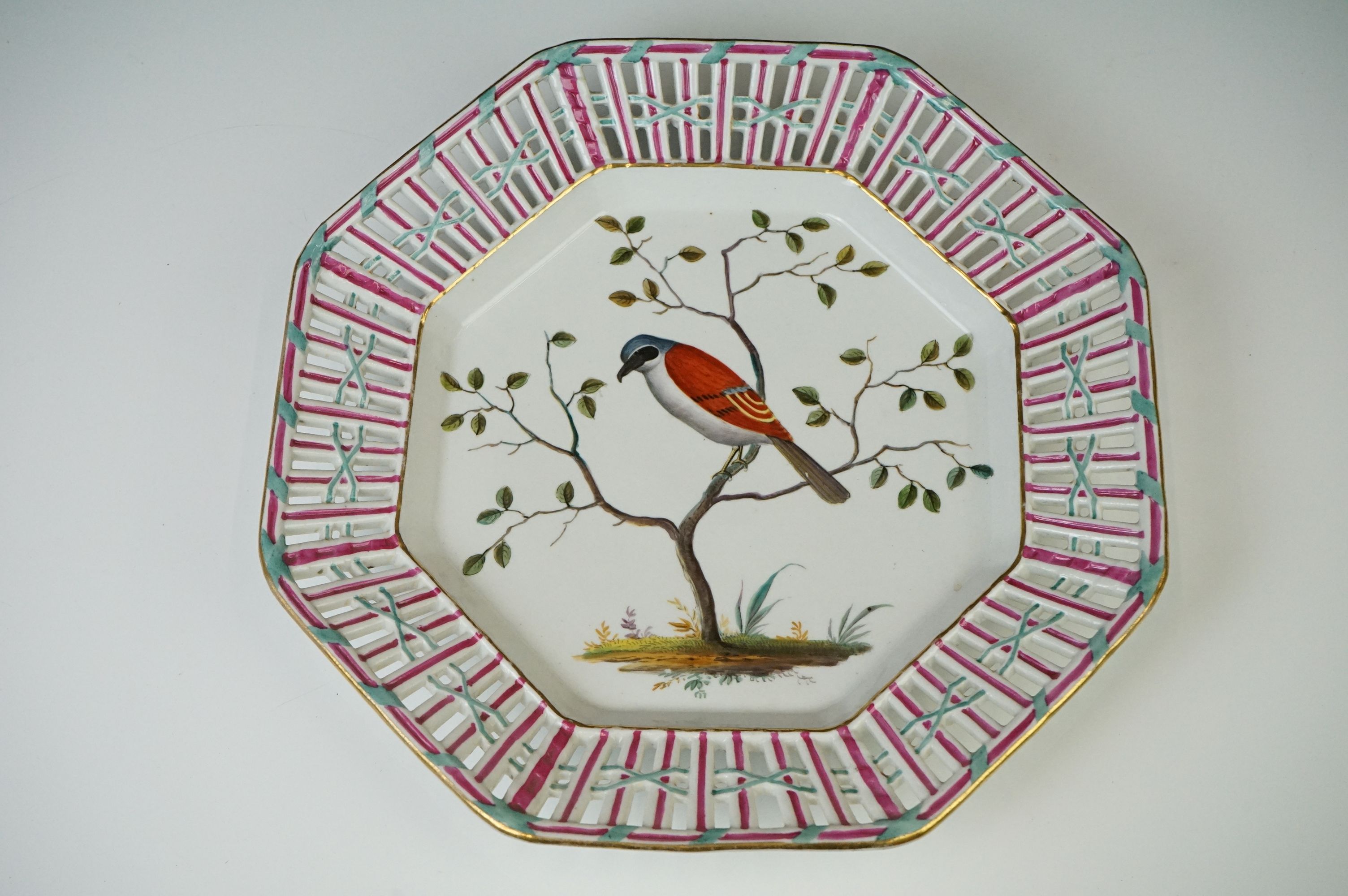 19th Century Meissen octagonal plate with pierced border and decorated with birds and insects, - Image 10 of 11