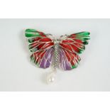 A silver and plique-a-jour butterfly brooch-pendant necklace