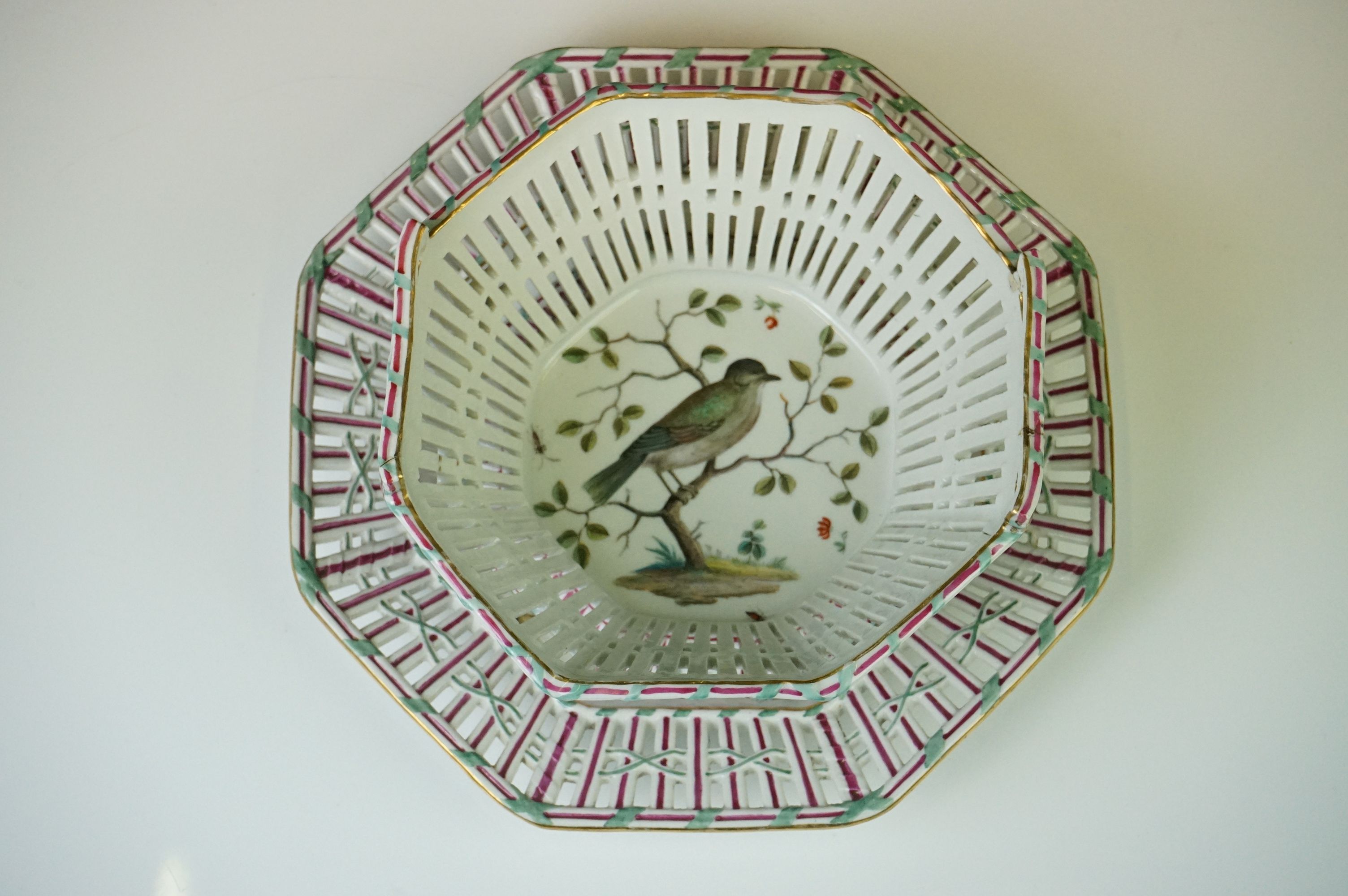 19th Century Meissen octagonal plate with pierced border and decorated with birds and insects, - Image 3 of 11