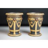Pair of Wedgwood Black Basalt Gilt tapering vases, decorated with relief floral decoration and brown