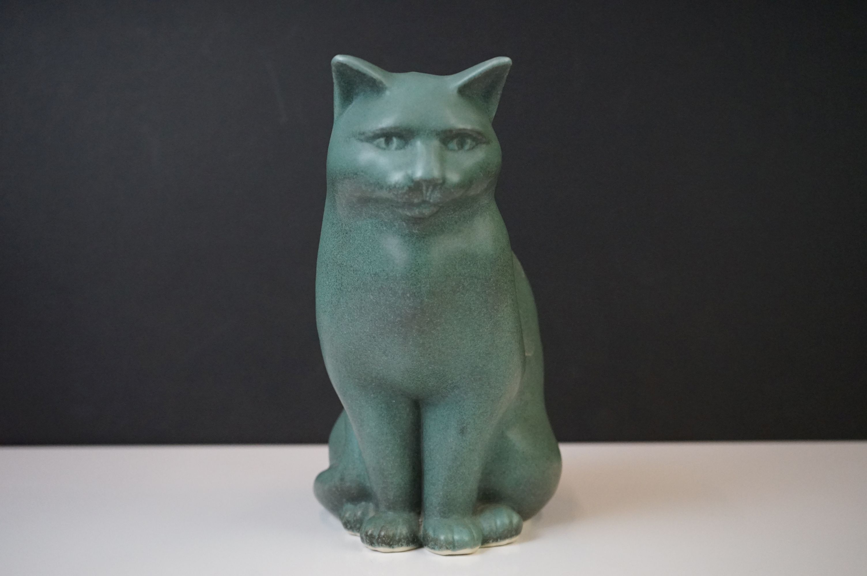 Three Moorside Design mottled turquoise ceramic models of seated cats, with original paper labels, - Image 2 of 5