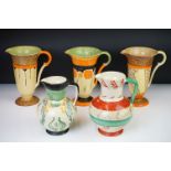 Five Myott, Son & Co hand painted Art Deco jugs, decorated with floral, foliate and geometric